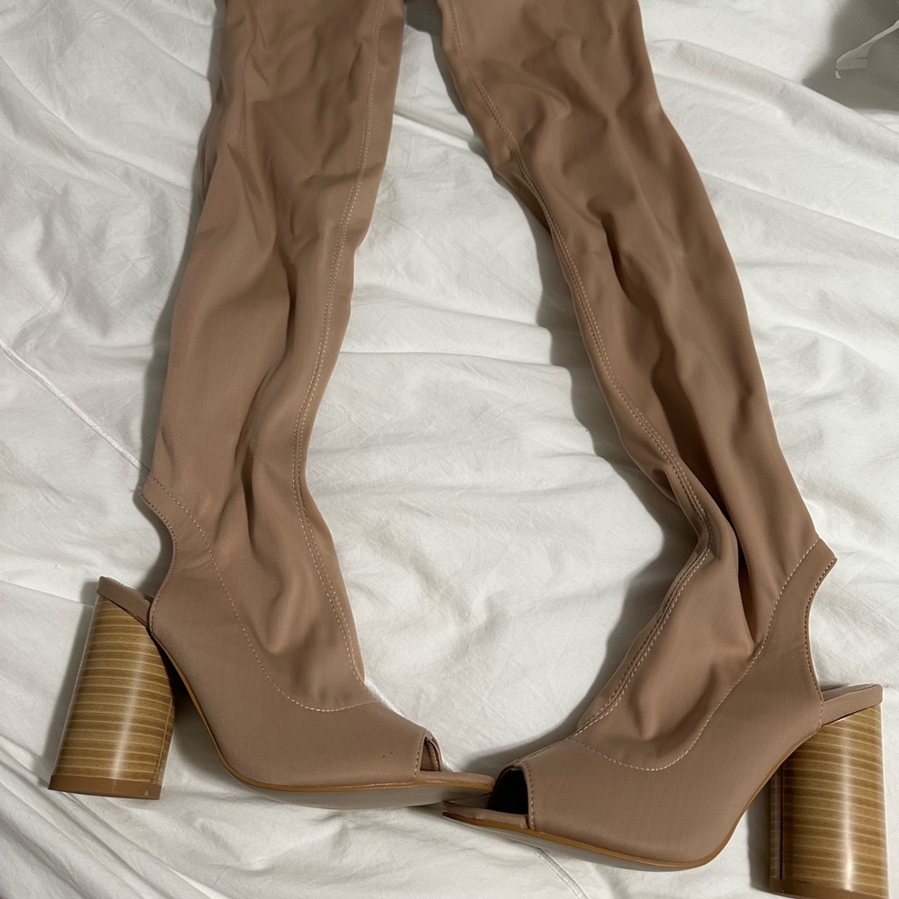 EGO thigh high beige open toe/ back boots. Brand new.